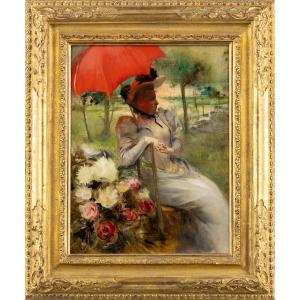 The Red Parasol, Oil On Canvas By Edgard De St-pierre De Montzaigle (1867–1930)