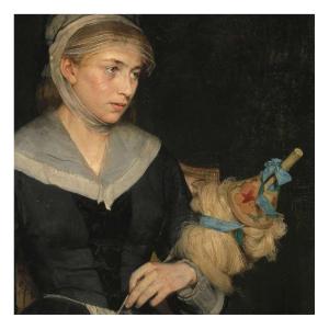 Renevier Julien (1847-1907), Huile sur toile+ La jeune fileuse de laine