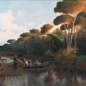 River Scene At Sunset By H.d. Corrodi