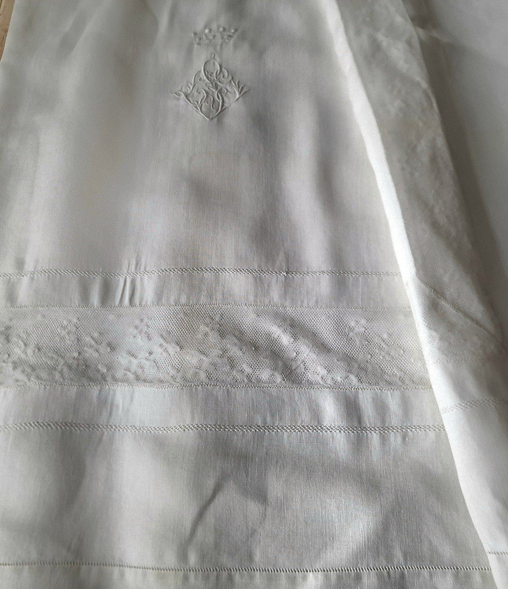 Fine Linen Sheet - Milan Lace - Monogram Under Baron Crown - 260 Cm Wide-photo-3