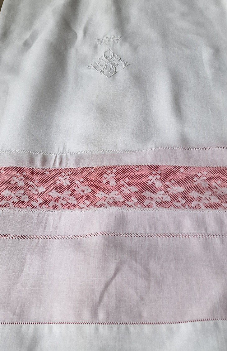 Fine Linen Sheet - Milan Lace - Monogram Under Baron Crown - 260 Cm Wide-photo-4