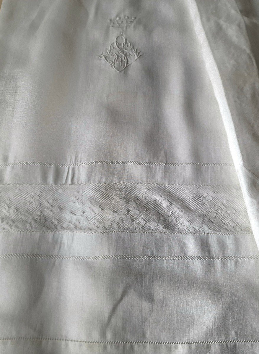 Fine Linen Sheet - Milan Lace - Monogram Under Baron Crown - 260 Cm Wide