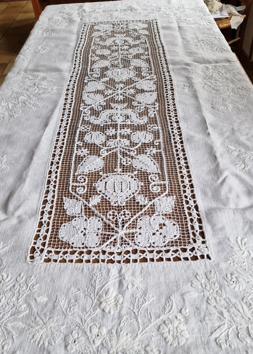 Napppe En Lin Irlandaise - Importantes Broderies Fleuries - Blanche-photo-4