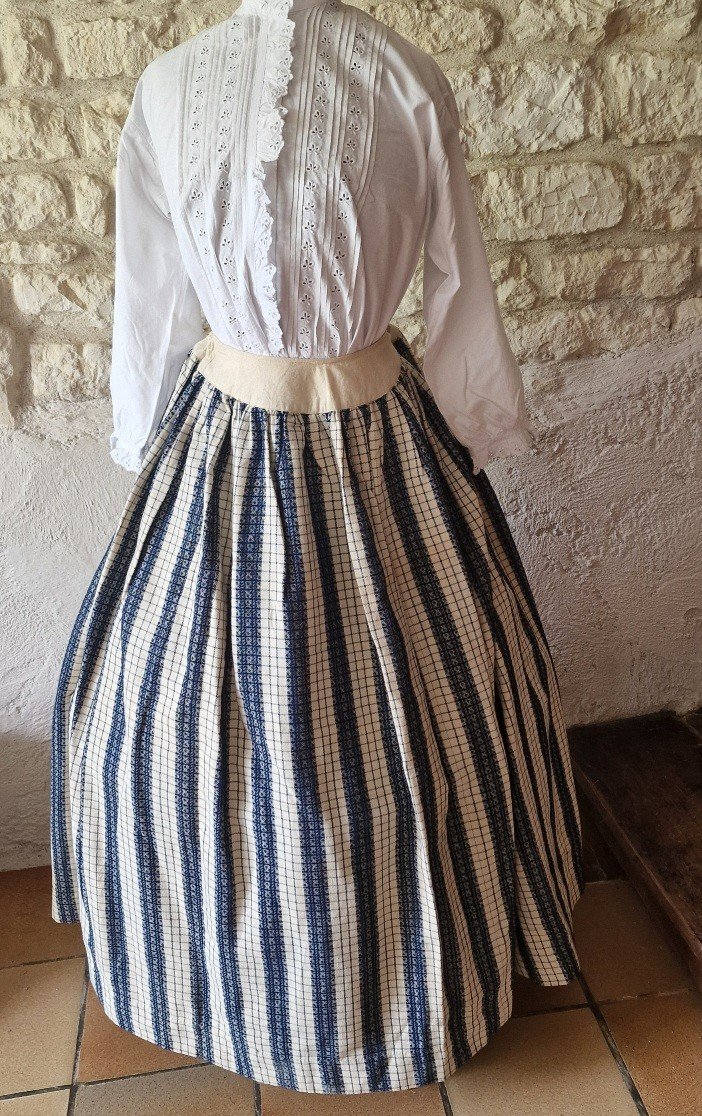 White And Indigo Striped Provencal Skirt - 19th Century + White 19th Century Camisole-photo-2