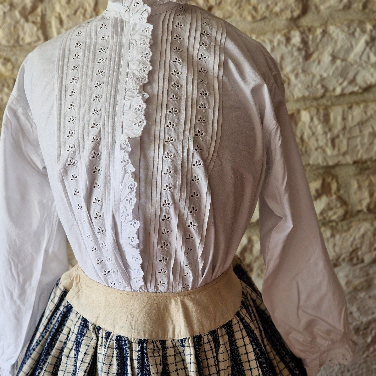 White And Indigo Striped Provencal Skirt - 19th Century + White 19th Century Camisole-photo-3