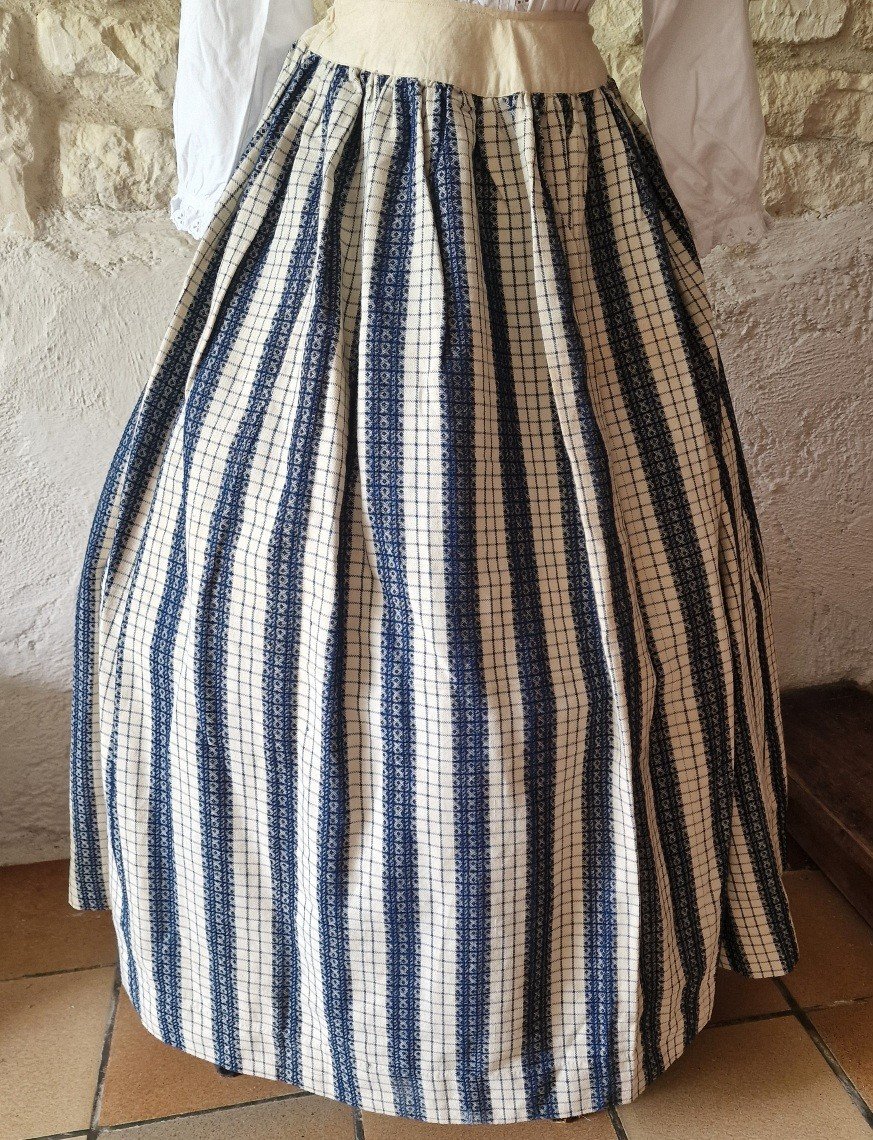 White And Indigo Striped Provencal Skirt - 19th Century + White 19th Century Camisole-photo-4