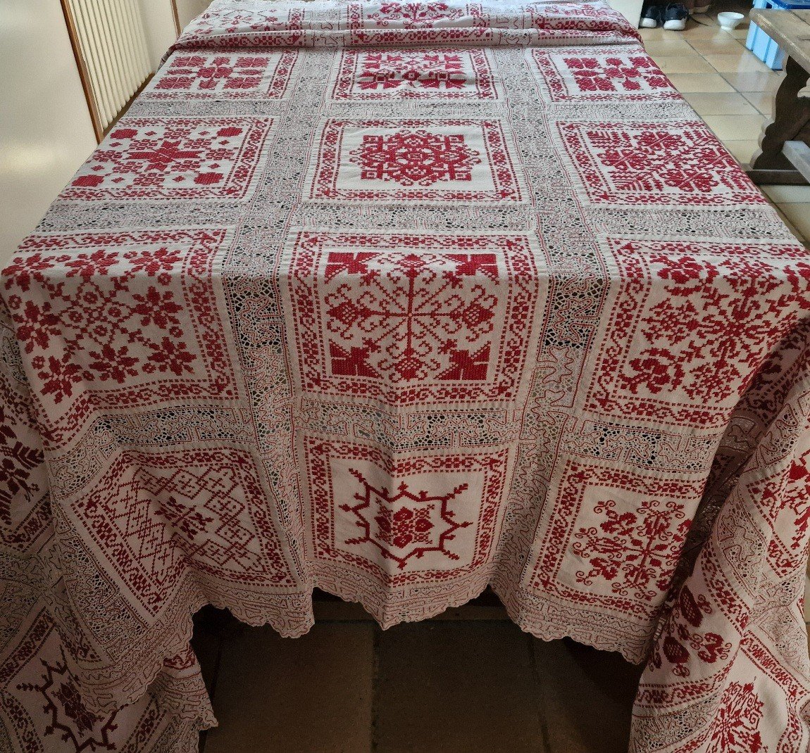 Tablecloth Origin Russia - Large Yardage Russian Lace - Red Embroidery-photo-2