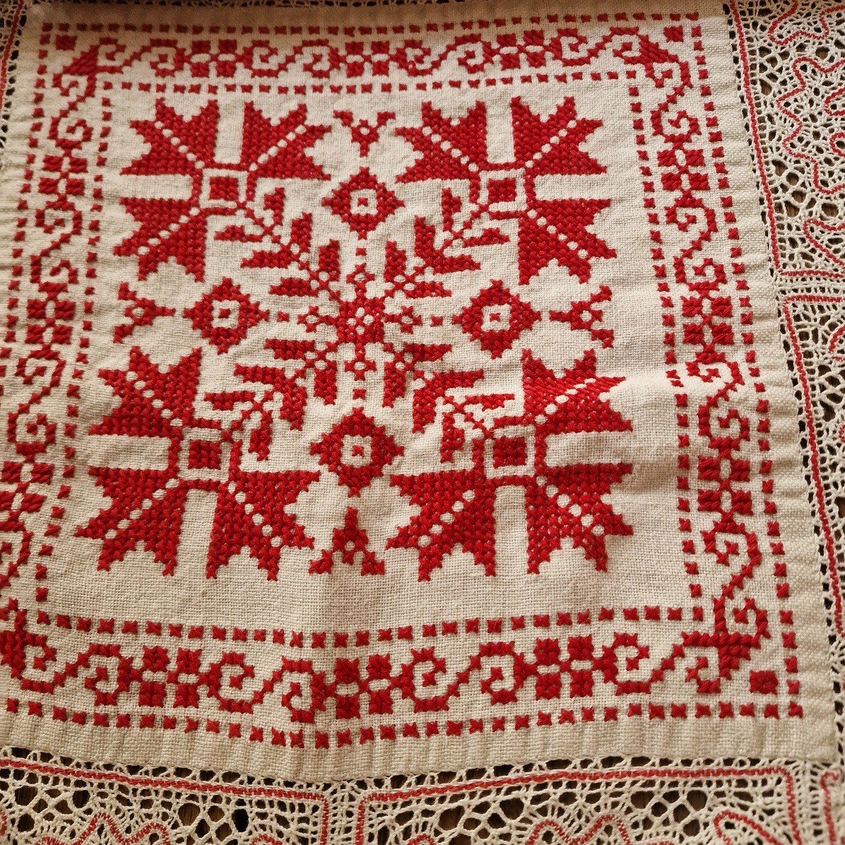 Tablecloth Origin Russia - Large Yardage Russian Lace - Red Embroidery-photo-1