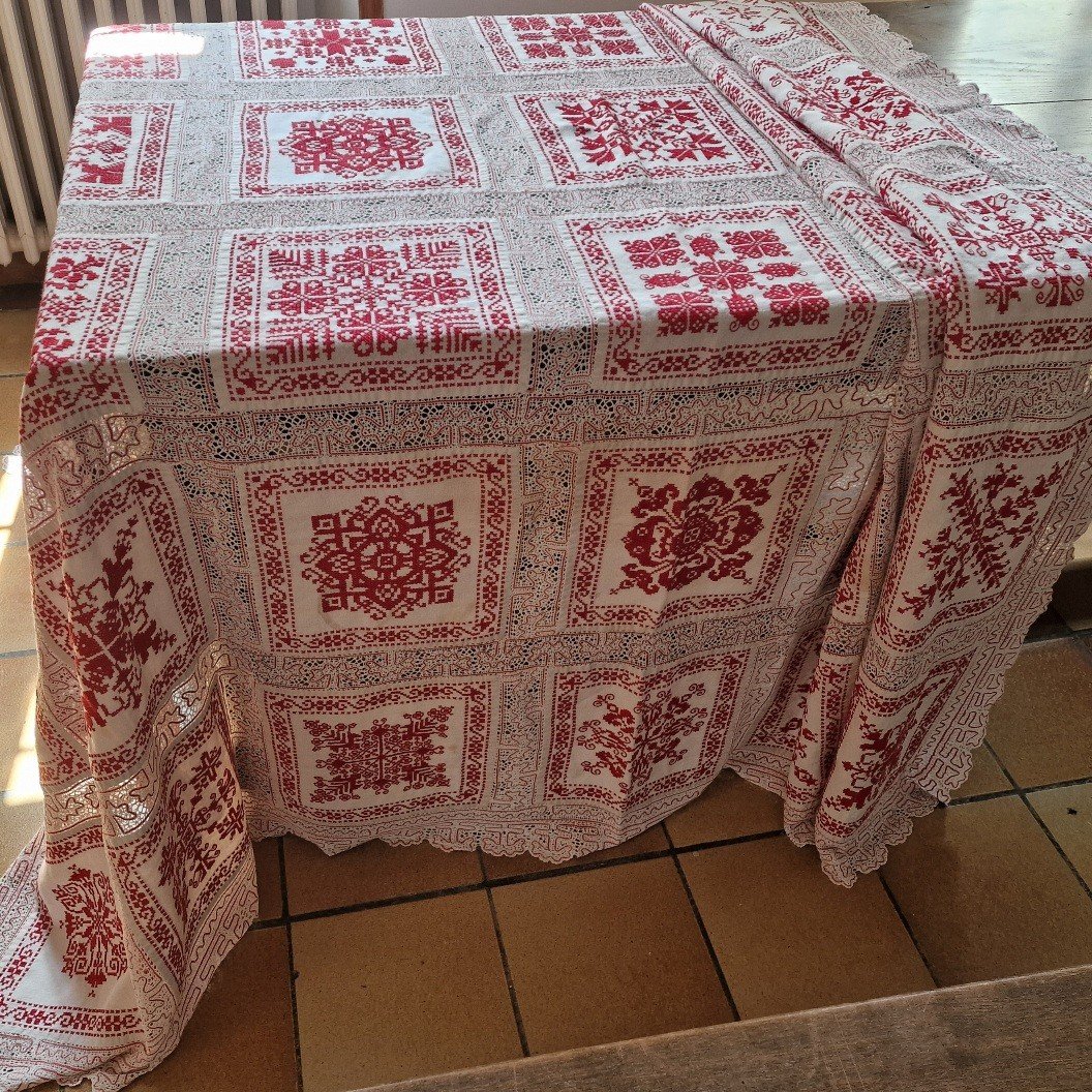 Tablecloth Origin Russia - Large Yardage Russian Lace - Red Embroidery-photo-4