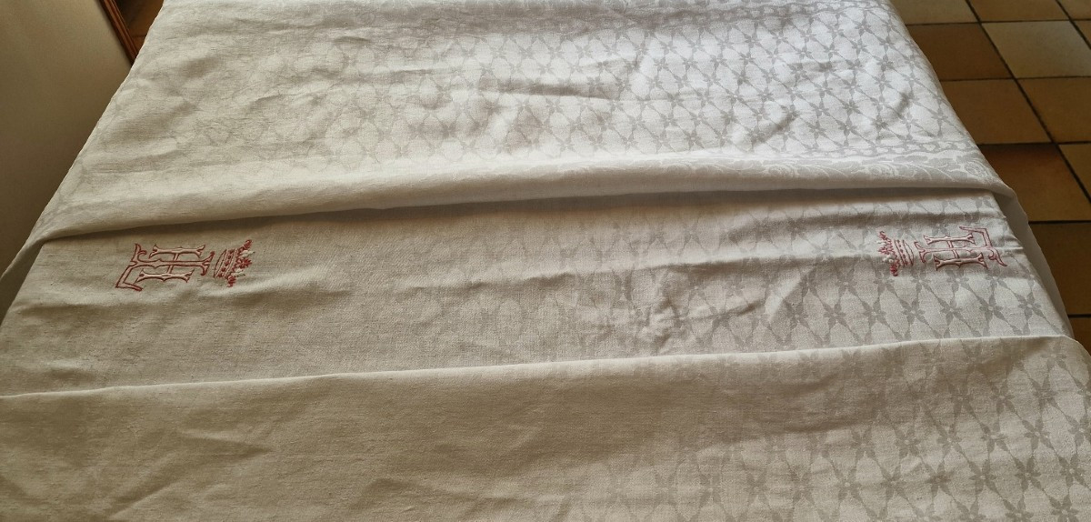 Nappe Blanche Monogramme "HL" Blanc et Rouge Sous Couronne De Marquis-photo-4