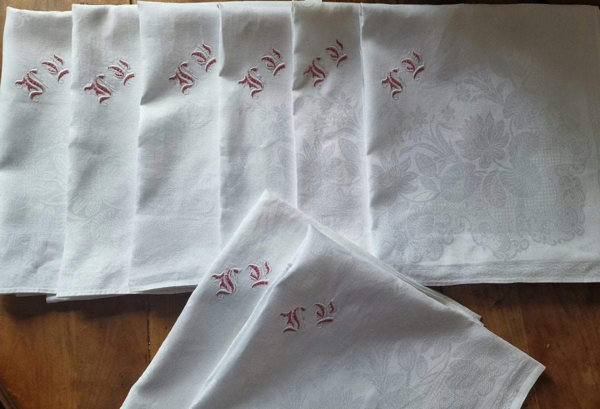 Ensemble De Huit Serviettes De Table - Monogramme Rouge - XIXème