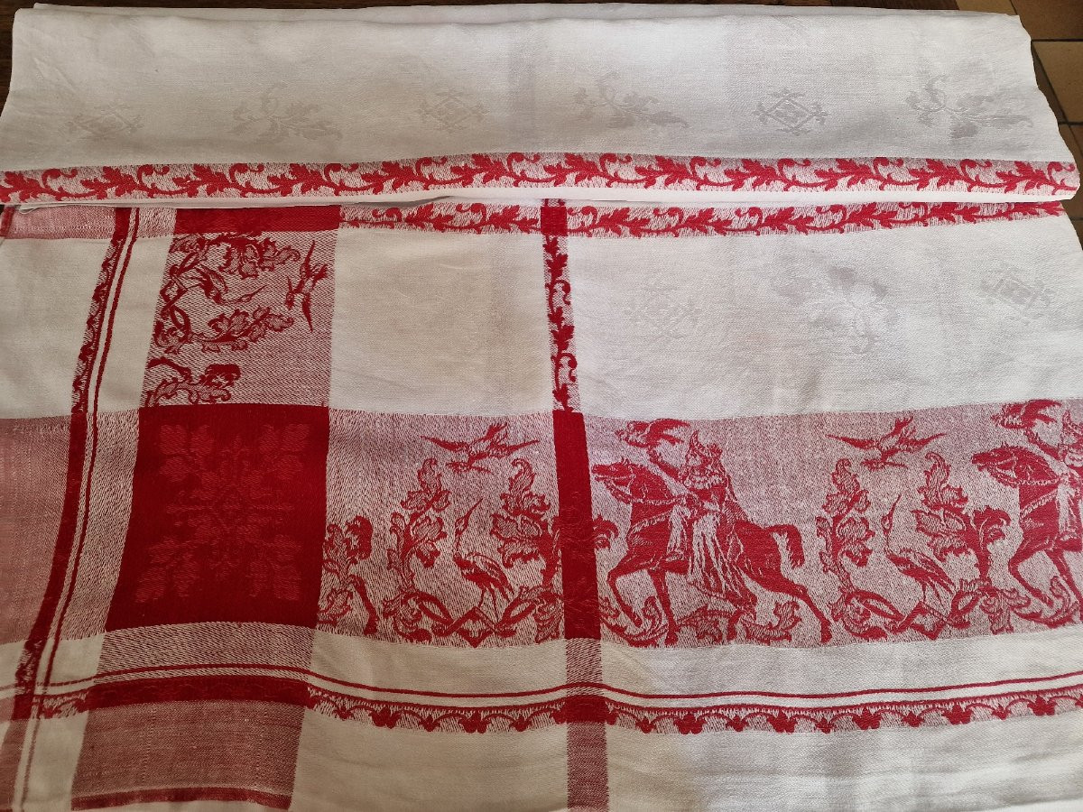 White And Red Damask Tablecloth - Monogram - Historically Printed-photo-2