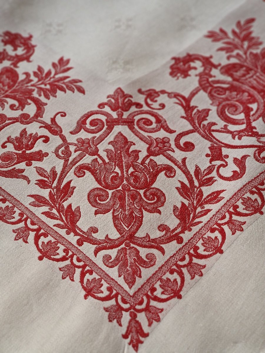 NAPPE DAMASSEE BLANCHE ET ROUGE - MOTIFS CHIMERES - XIXème - CARREE-photo-2