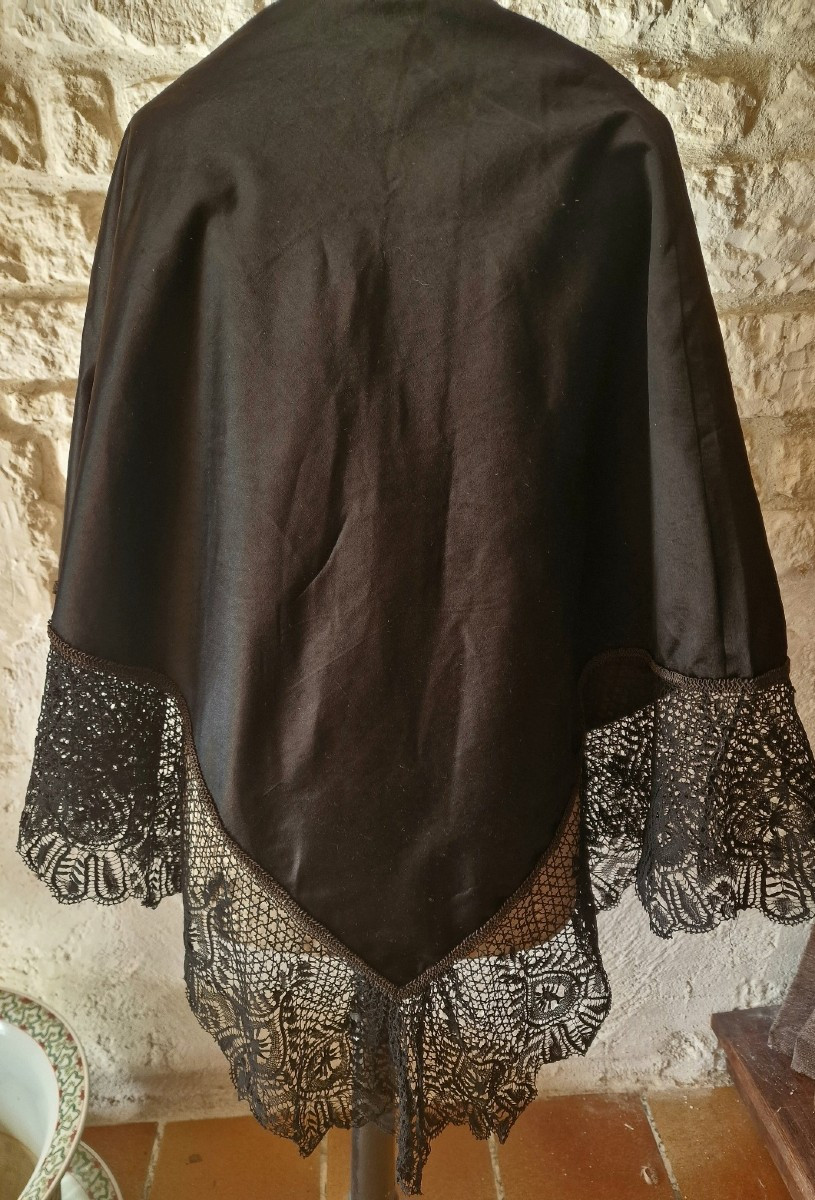 Black Silk Satin Shawl - 19th Century - Wide Handmade Lace Edging -