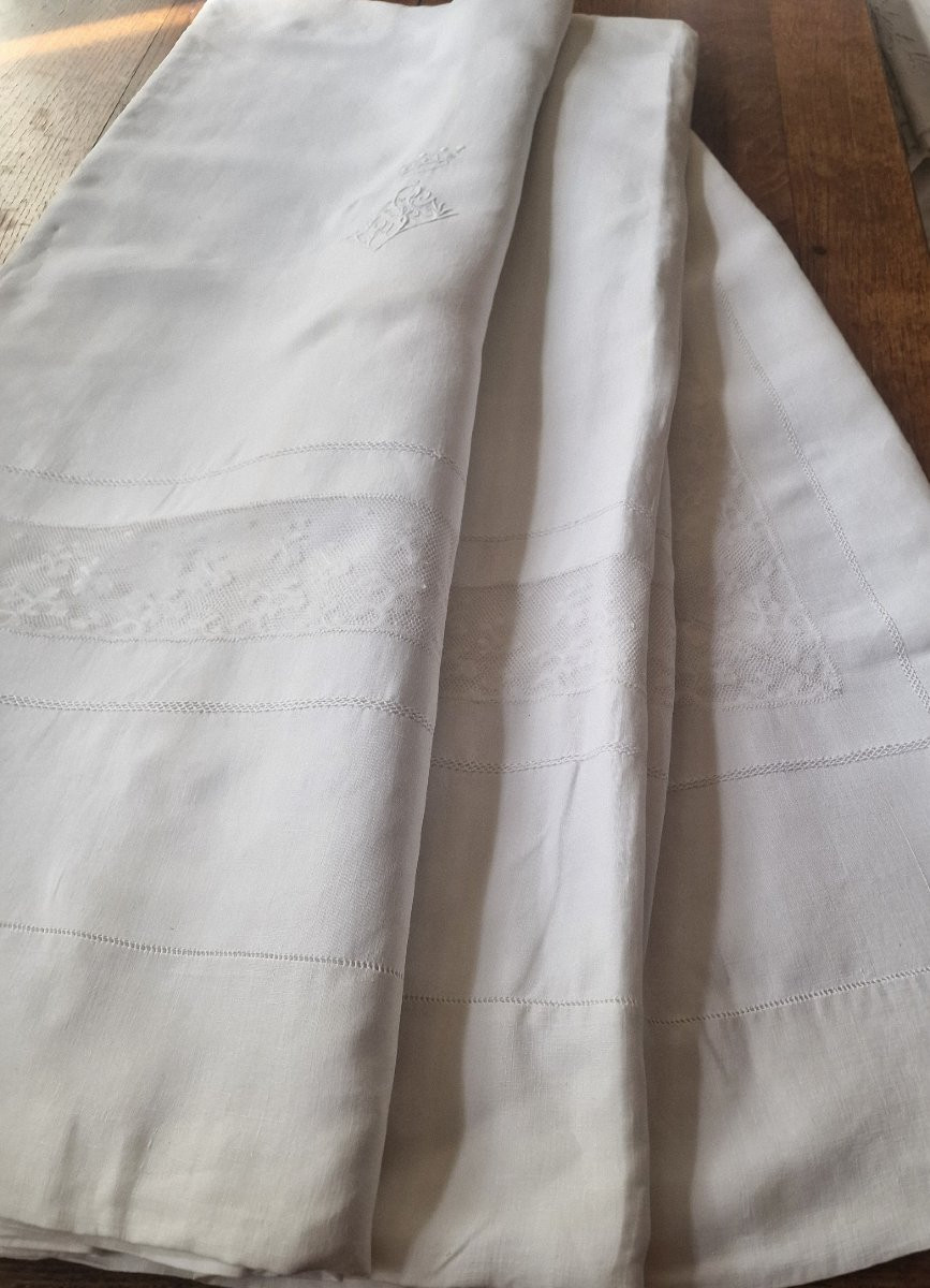 DRAP EN FIL - ENTRE DEUX DENTELLE DE MILAN - XXème - MONOGRAMME SOUS COURONNE - 250 cm de LARGE-photo-2