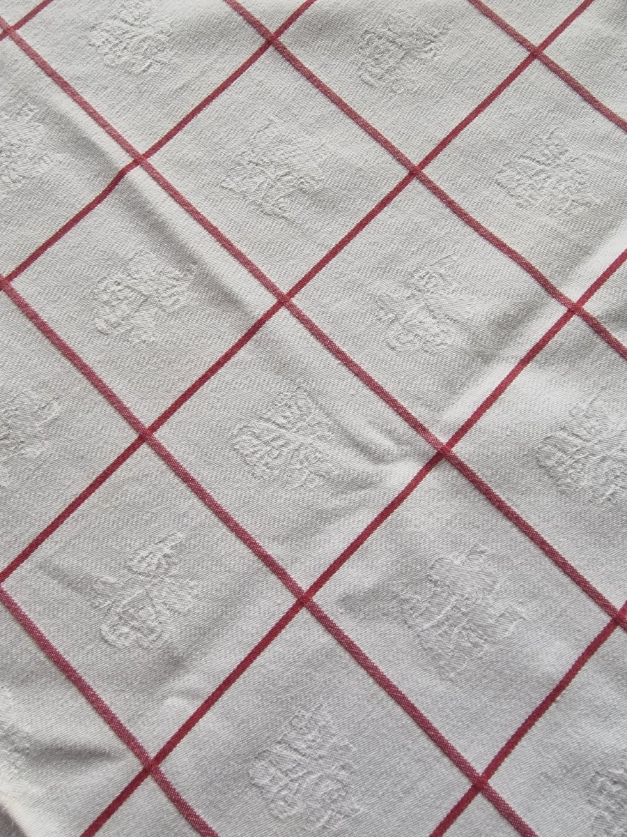 NAPPE DAMASSEE CARREE  - XXème -ROUGE ET BLANCHE-photo-1