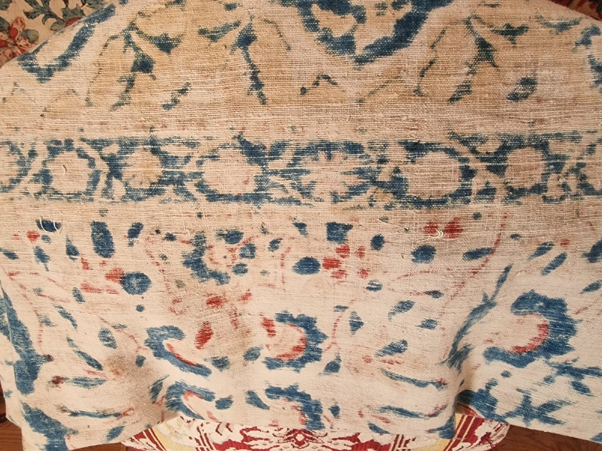 Ancient Decorative Tent Or Panel - XIXth Century - Blue And Red Tons On Cream Background-photo-2