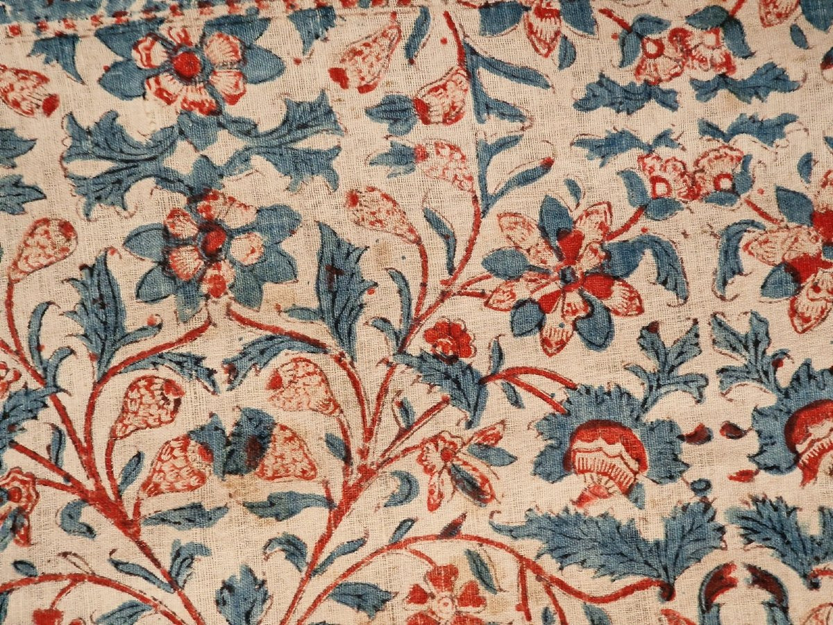 Ancient Decorative Tent Or Panel - XIXth Century - Blue And Red Tons On Cream Background-photo-3