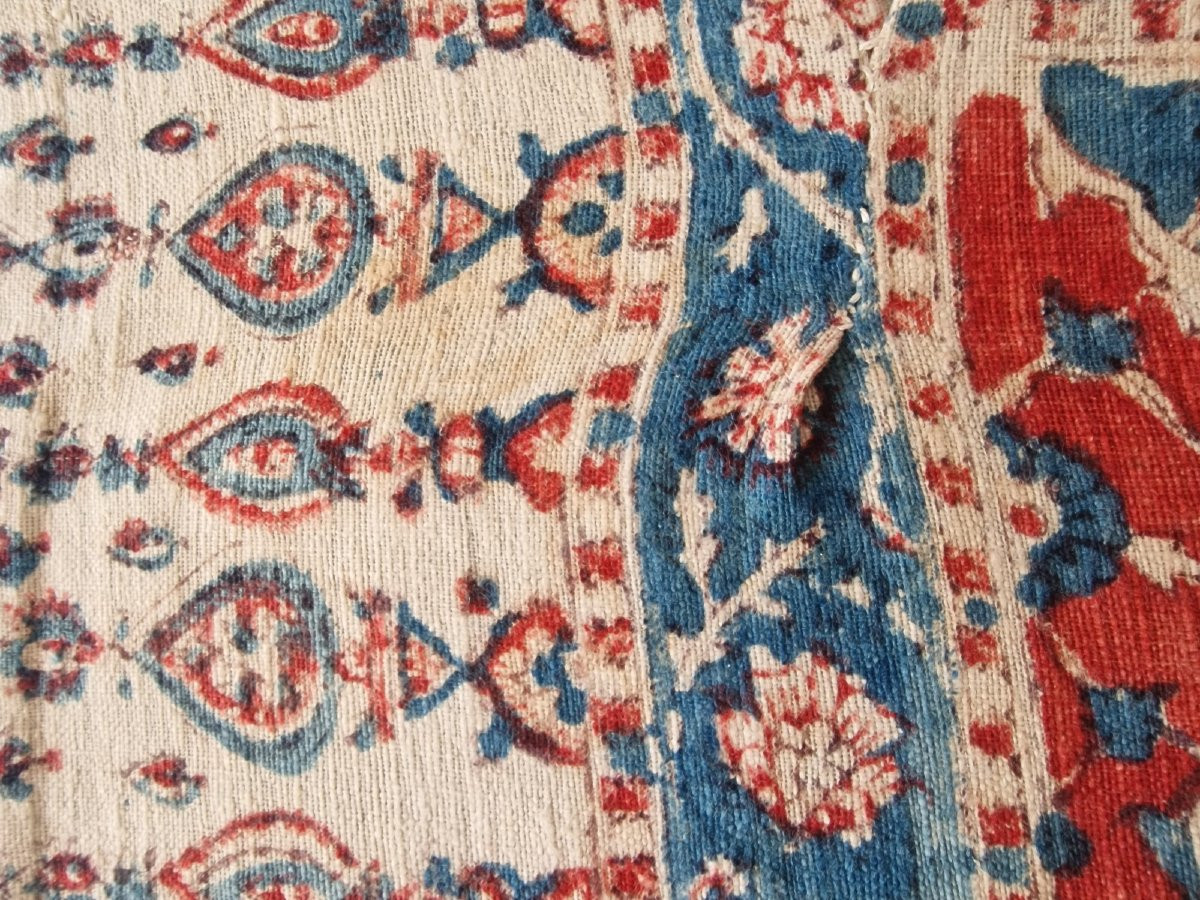 Ancient Decorative Tent Or Panel - XIXth Century - Blue And Red Tons On Cream Background-photo-1