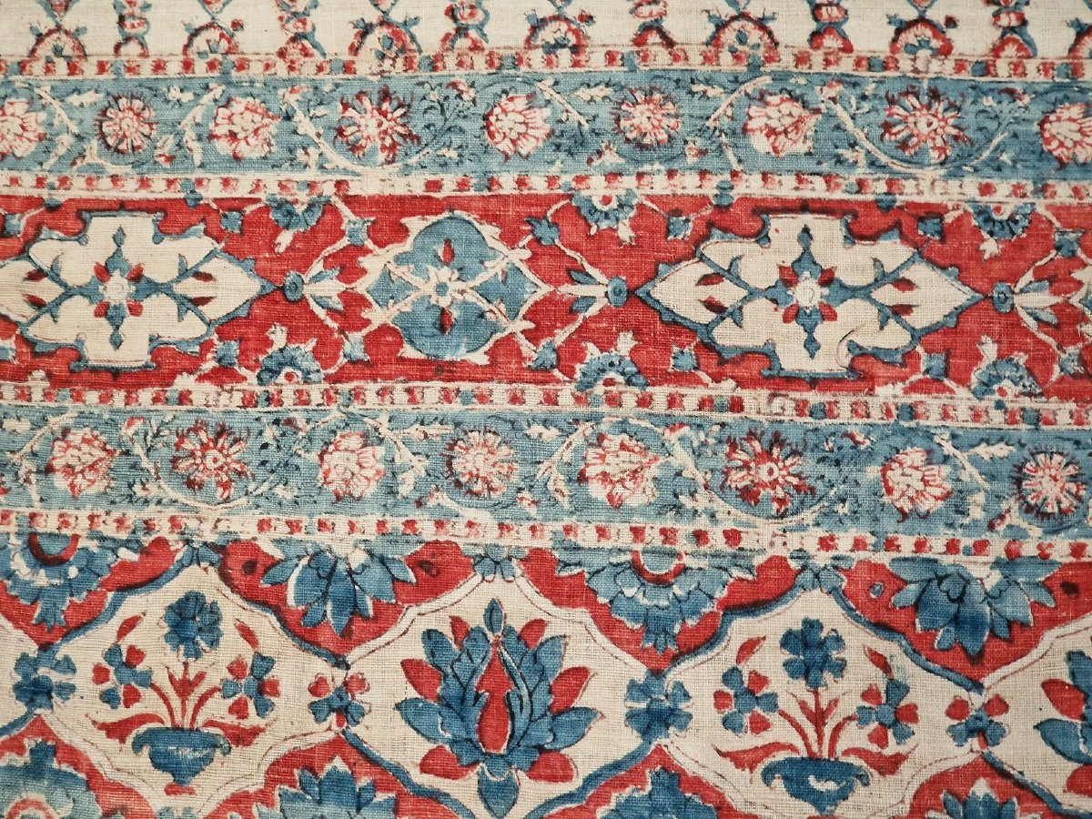 Ancient Decorative Tent Or Panel - XIXth Century - Blue And Red Tons On Cream Background-photo-5