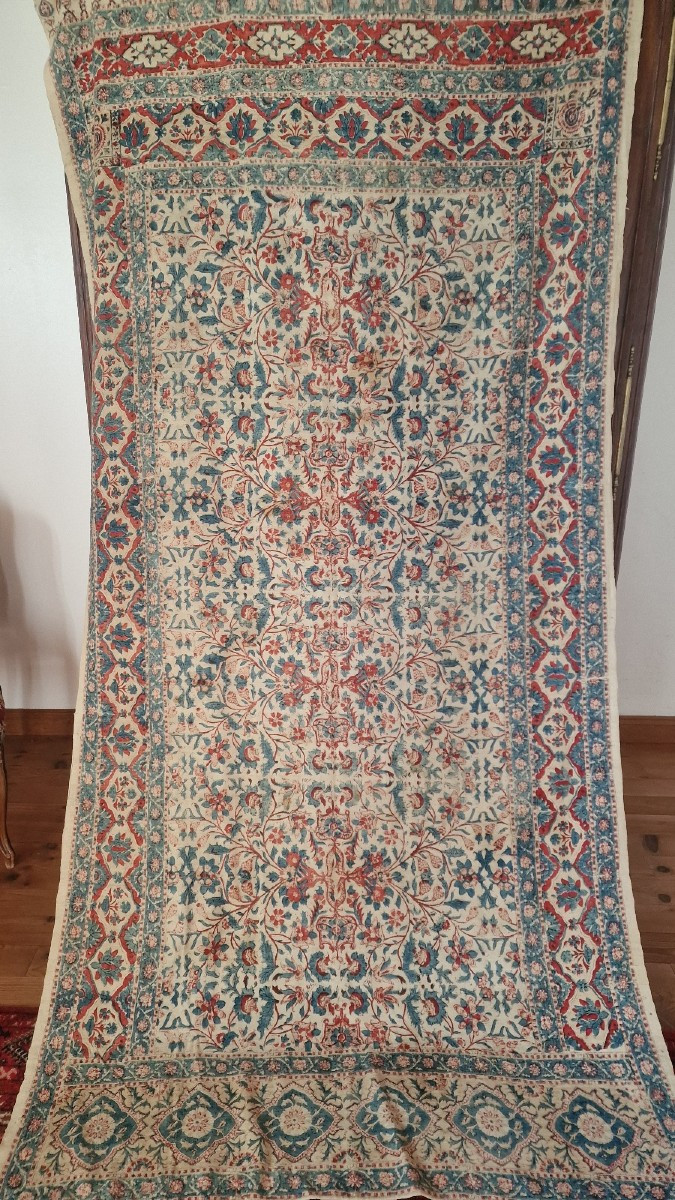 Ancient Decorative Tent Or Panel - XIXth Century - Blue And Red Tons On Cream Background