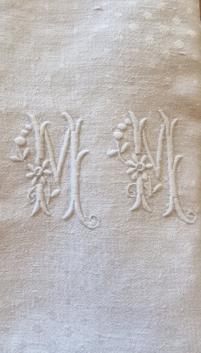 Six Table Clothes - XIXth C. - Damasse - White - Monogram -photo-2