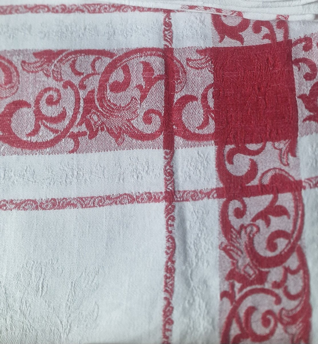 SERVICE DE TABLE - NAPPE + 12 SERVIETTES - DECOR BLANC ET ROUGE - MONOGRAMME ROUGE-photo-3