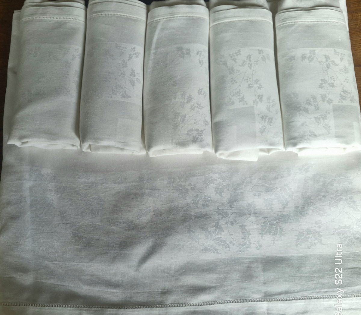 Antique Tablecloth And Napkin Set - Wire Damask - White-photo-2