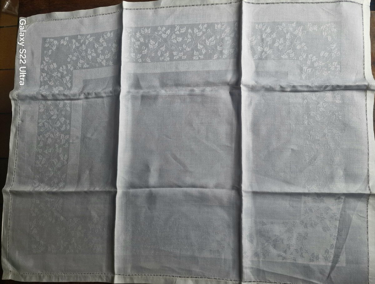 Antique Tablecloth And Napkin Set - Wire Damask - White-photo-4