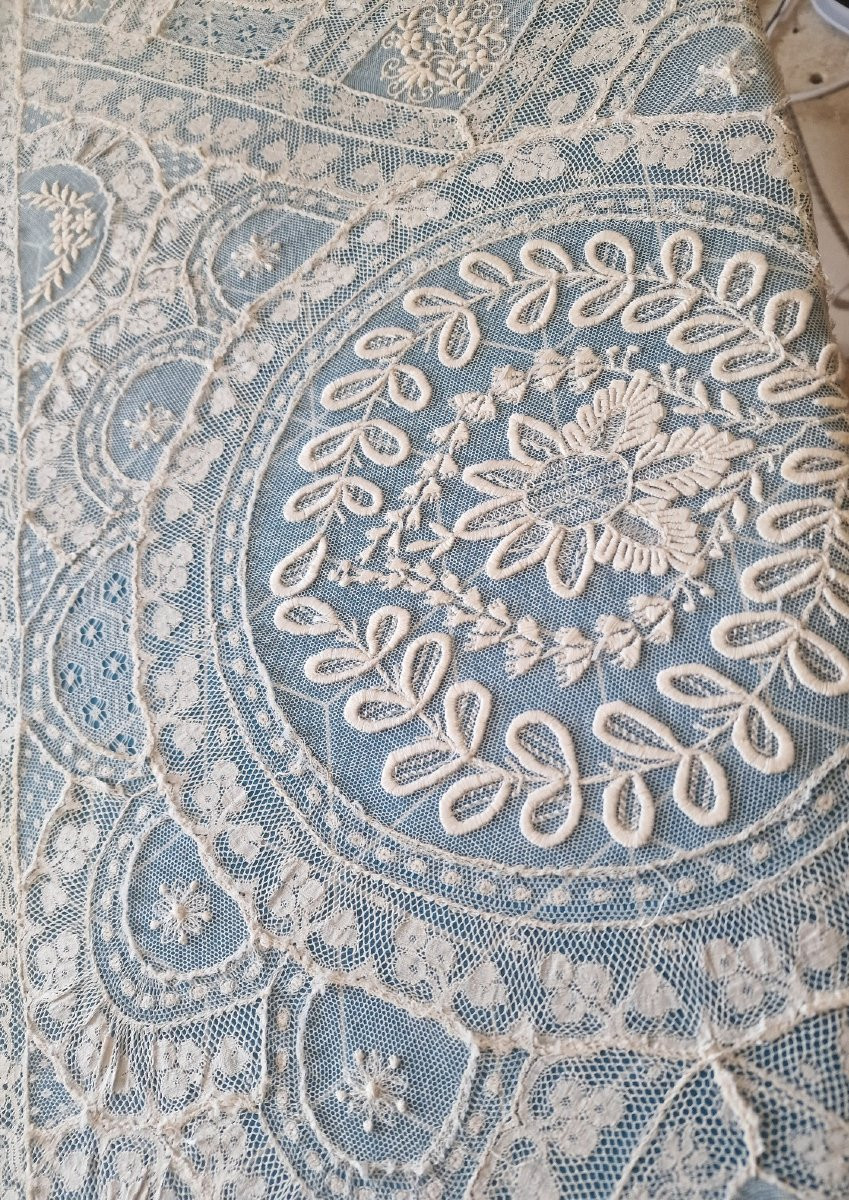 Ancient Voilage Style Curtain Panel - End Of The XIXth Century- Important Embroidery And Dentelles-photo-2