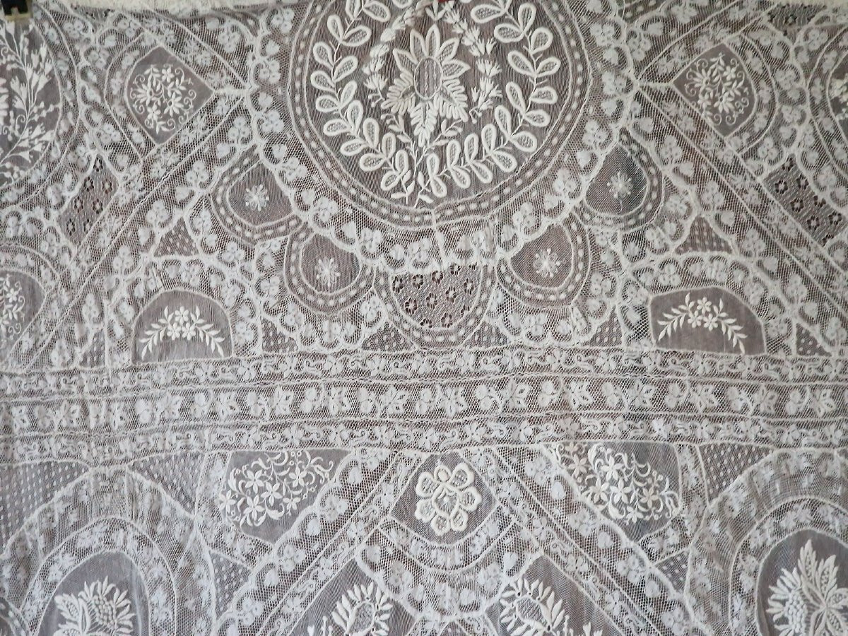 Ancient Voilage Style Curtain Panel - End Of The XIXth Century- Important Embroidery And Dentelles-photo-3