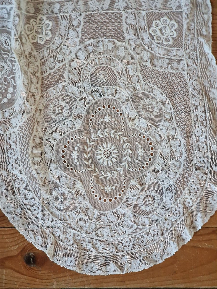 Ancient Voilage Style Curtain Panel - End Of The XIXth Century- Important Embroidery And Dentelles-photo-1