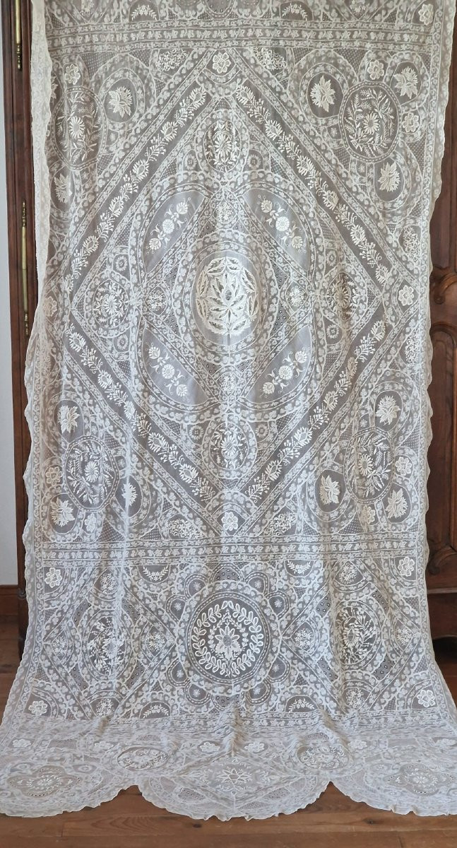 Ancient Voilage Style Curtain Panel - End Of The XIXth Century- Important Embroidery And Dentelles-photo-3