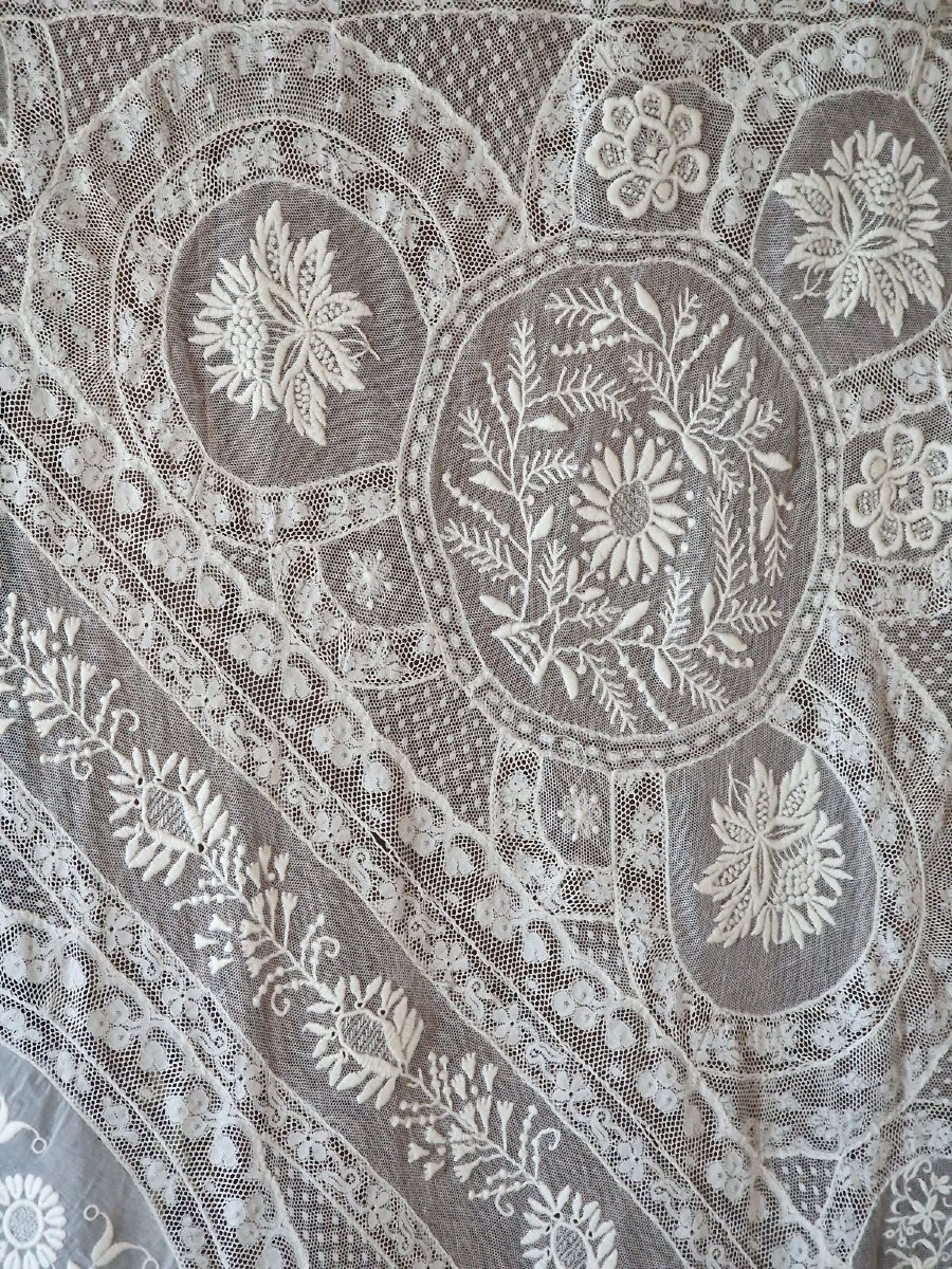 Ancient Voilage Style Curtain Panel - End Of The XIXth Century- Important Embroidery And Dentelles-photo-4
