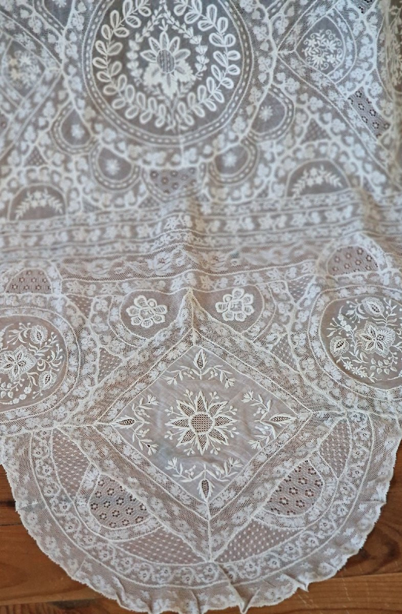 Ancient Voilage Style Curtain Panel - End Of The XIXth Century- Important Embroidery And Dentelles-photo-5