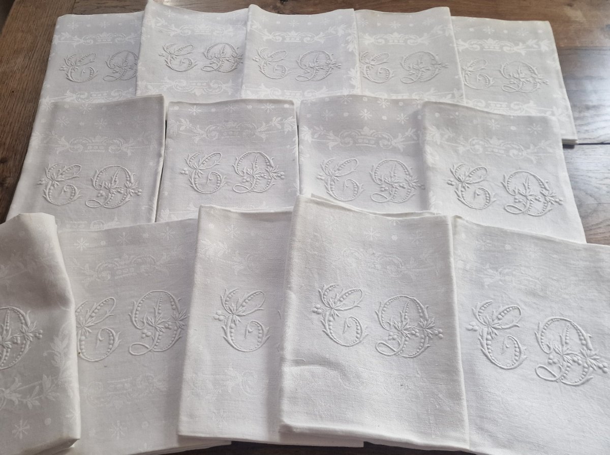 ENSEMBLE DE 14 SERVIETTES DE TABLE - XIXème VERS 1870/80 - DAMASSE DE FIL - GDES  DIMENSIONS-photo-4