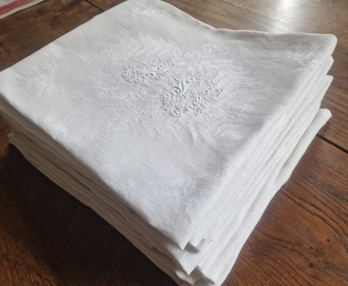 Set Of 11 Napkins - Antique Linen Damask - Large Hand-embroidered Monogram-photo-2