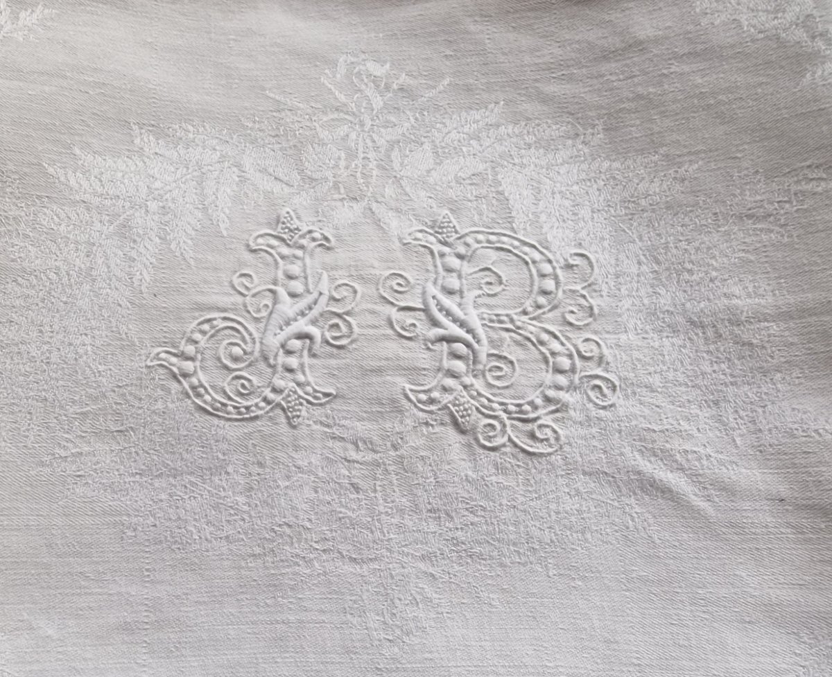 Set Of 11 Napkins - Antique Linen Damask - Large Hand-embroidered Monogram-photo-3