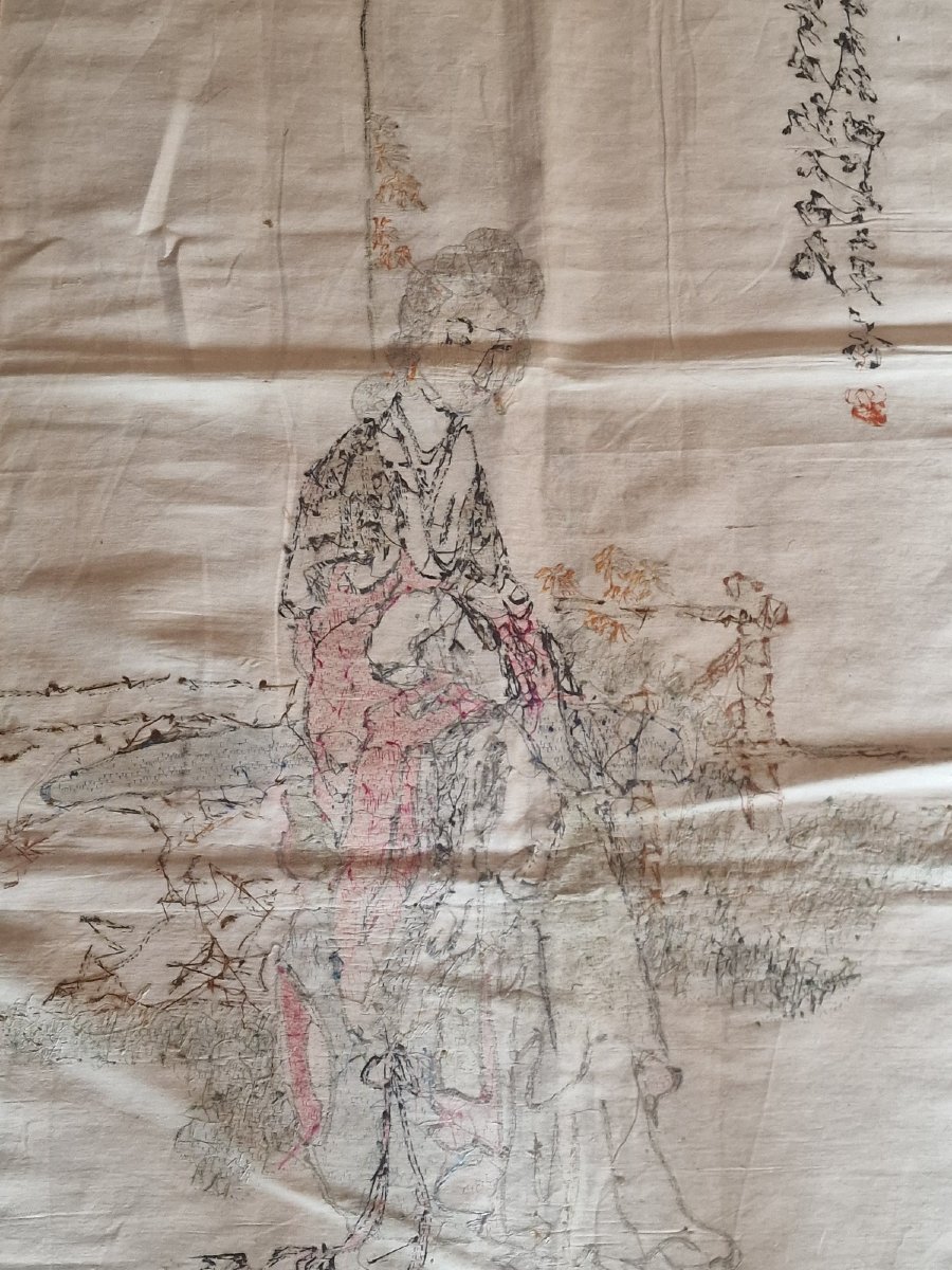 DEUX PANNEAUX DE SOIE BRODES - ASIATIQUES - FOND IVOYRE-photo-2