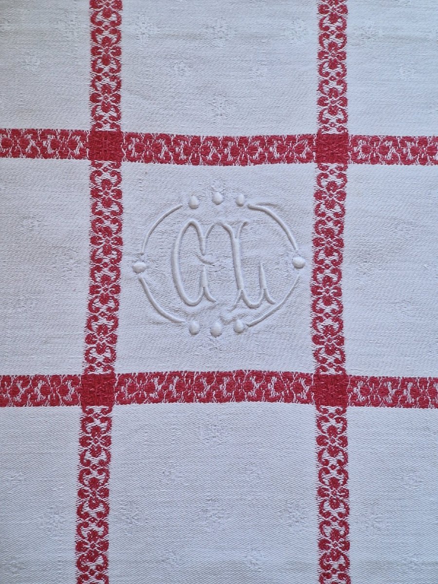 Six Napkins - White Background With Red Strips - "cl" Monogram-photo-3