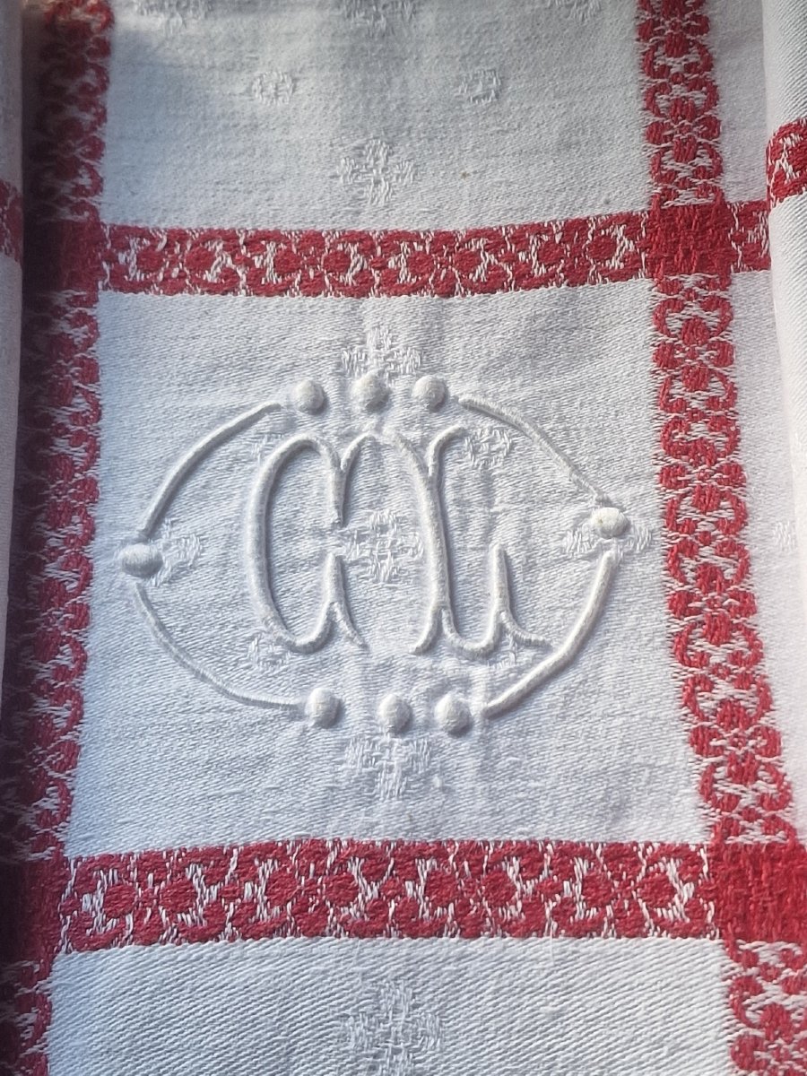Six Napkins - White Background With Red Strips - "cl" Monogram-photo-4