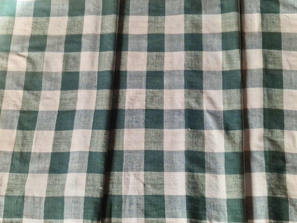 TOUR DE LIT TOILE DE COTON - CARREAUX VERTS, BLEUS ET ECRUS - PREMIER TIERS DU XXème-photo-2
