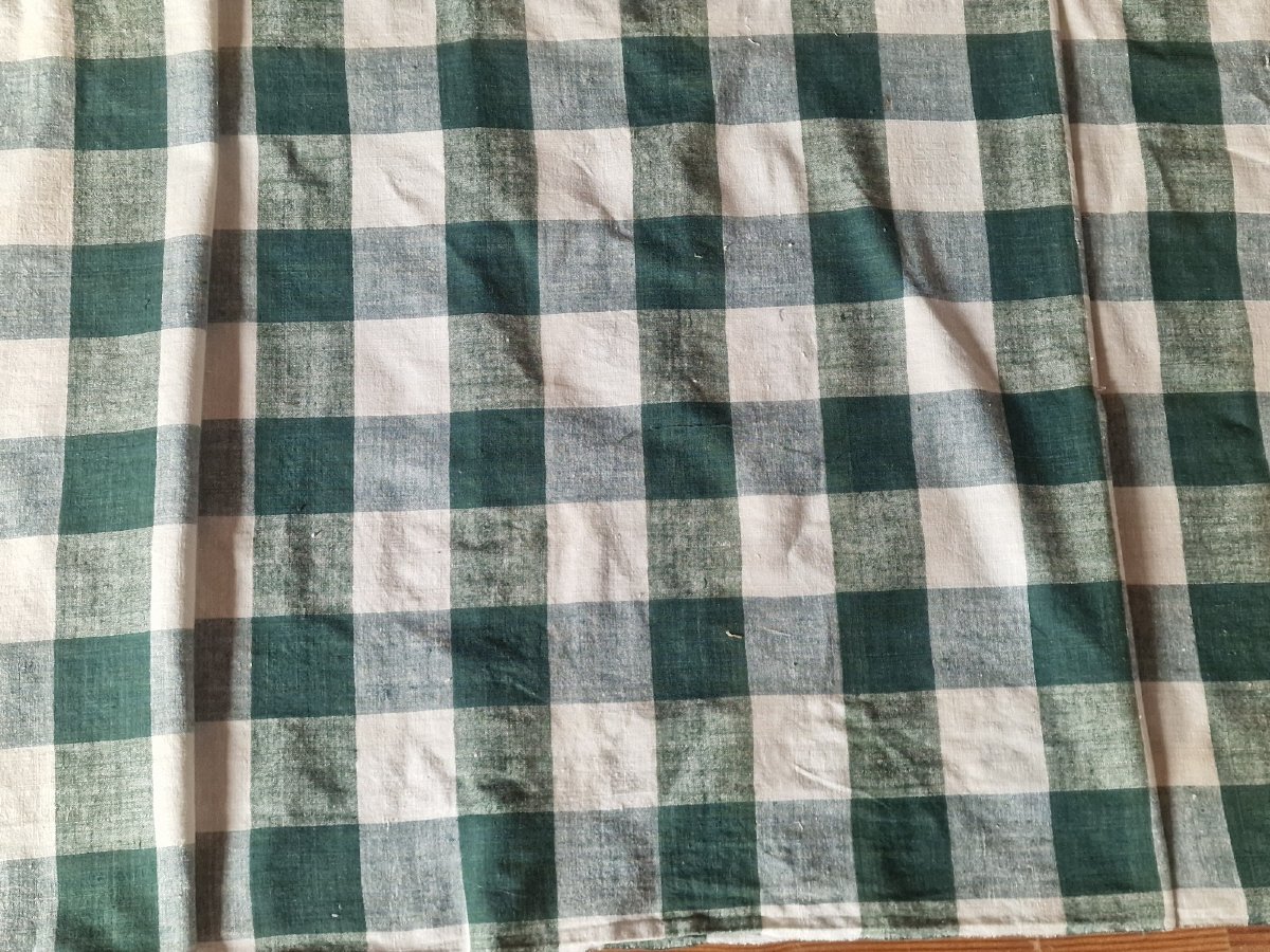 TOUR DE LIT TOILE DE COTON - CARREAUX VERTS, BLEUS ET ECRUS - PREMIER TIERS DU XXème-photo-3
