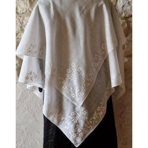 19th Century Norman Wedding Shawl In Flower Embroidered Muslin