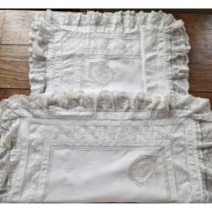 Somptueuse Paire De Taies d'Oreiller - Lin Fin - Dentelle Valenciennes