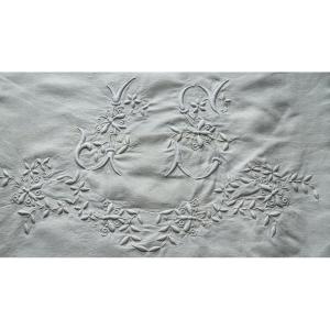 Second Drap Brode Avec Grand Monogramme - Ornmentation Brode A La Main - Trousseau - 