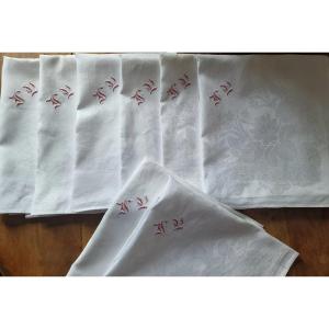 Set Of Eight Napkins - Red Monogram - 19th Century