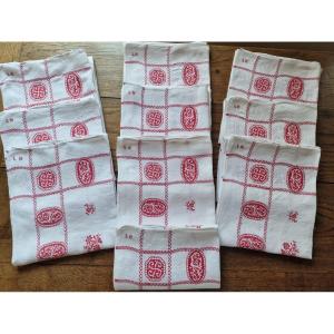 11 Table Napkins - 19th Century - Red Striped Patterns