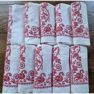 DIX SERVIETTES DE TABLE - MOTIFS CHIMERES - NIII - BORDURES ROUGES