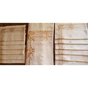 SERVICE DE TABLE "AU X PAPILLONS"- NAPPE + 12 SERVIETTES ASSORTIES - BI COLOR - XIXème